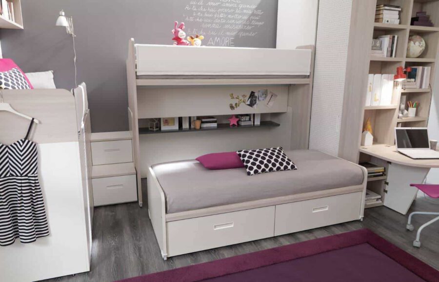 Il letto scorrevole con cassettoni e soppalco della cameretta Fiji