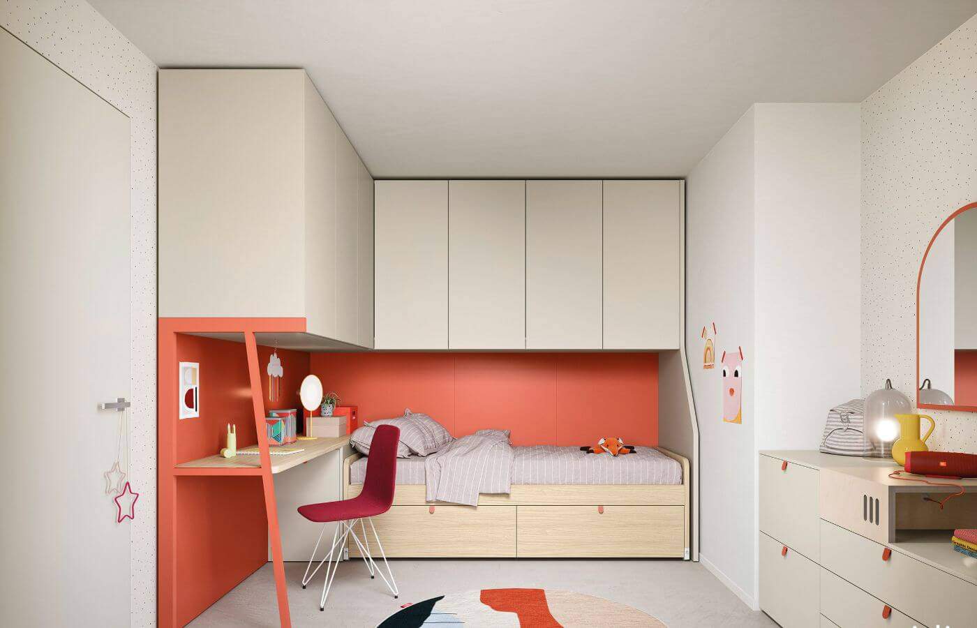 La cameretta Vulcano con letto bianco e zona studio