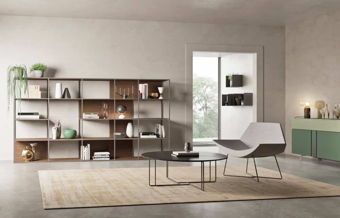 La libreria Dafne vista frontalmente all'interno di una zona giorno moderna
