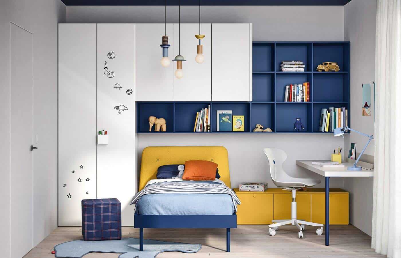 Cameretta con armadio in fantasia bicolore blu e bianco