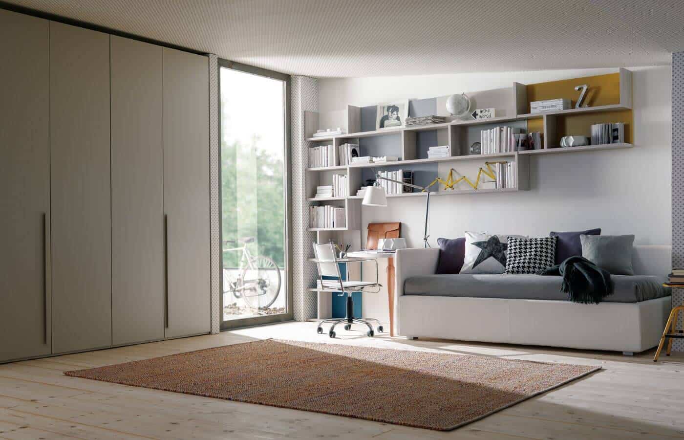 Cameretta con armadio, letto e libreria