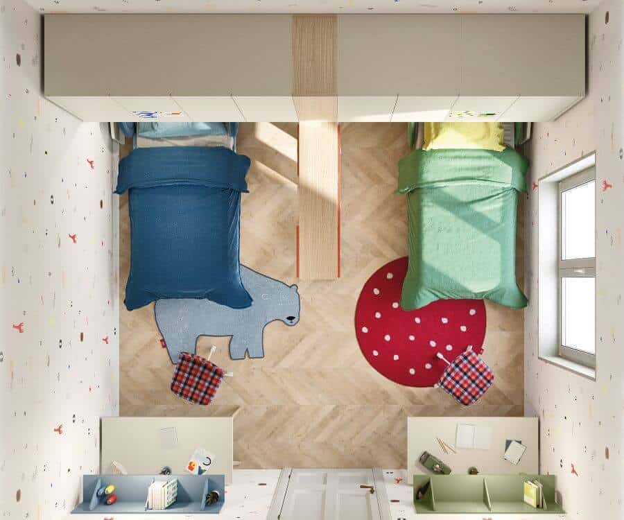 Cameretta bambini vista dall'alto con due letti e tavoli per lo studio
