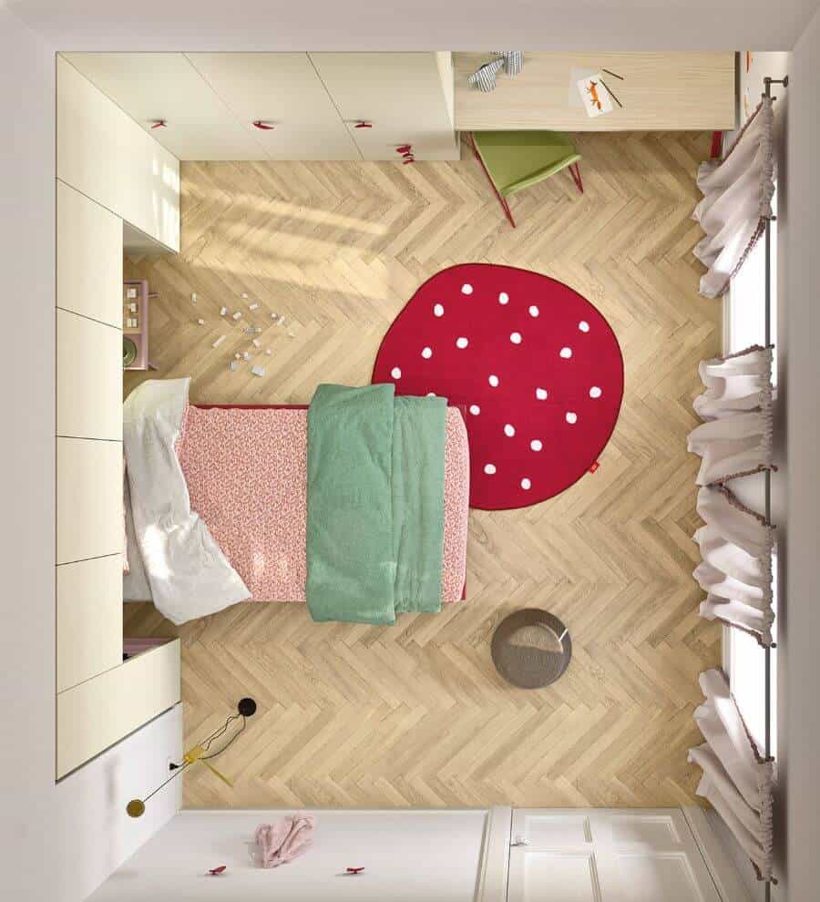 Cameretta da letto vista dall'alto con letto singolo e tavolo