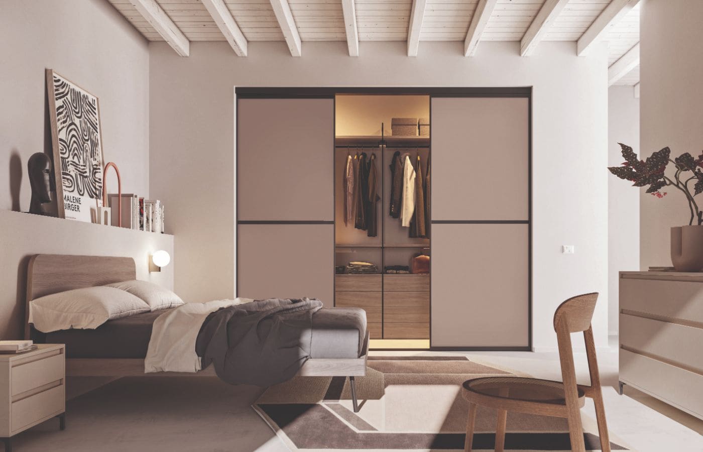 La cabina armadio Garda vista frontalmente all'interno di una camera da letto arredata