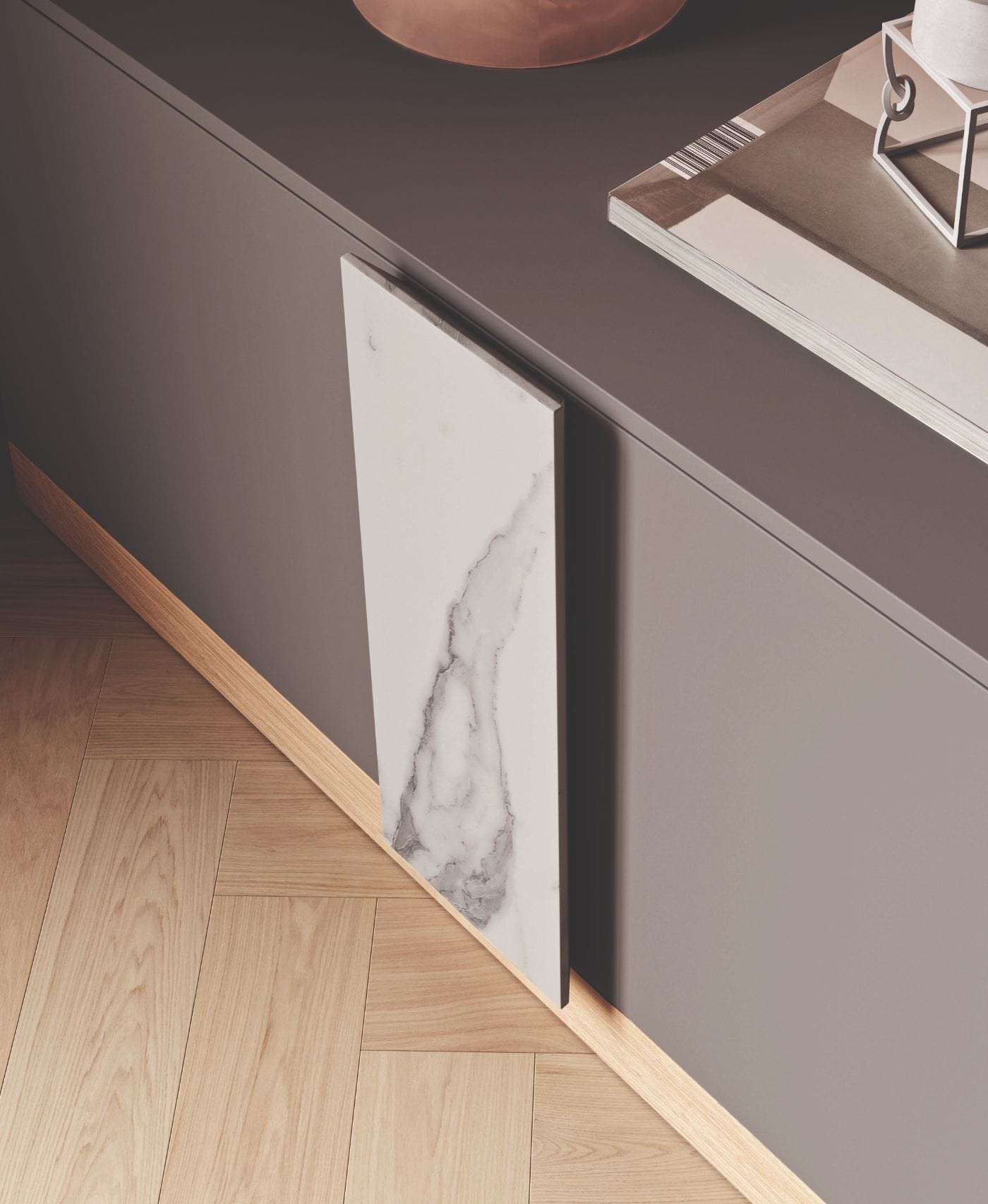 Primo piano delle finiture del mobile tv / parete attrezzata Aika