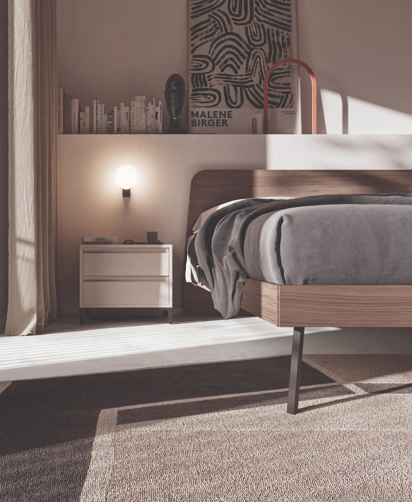 Particolare dei piedini del letto e del comodino della camera da letto collezione Ginestra
