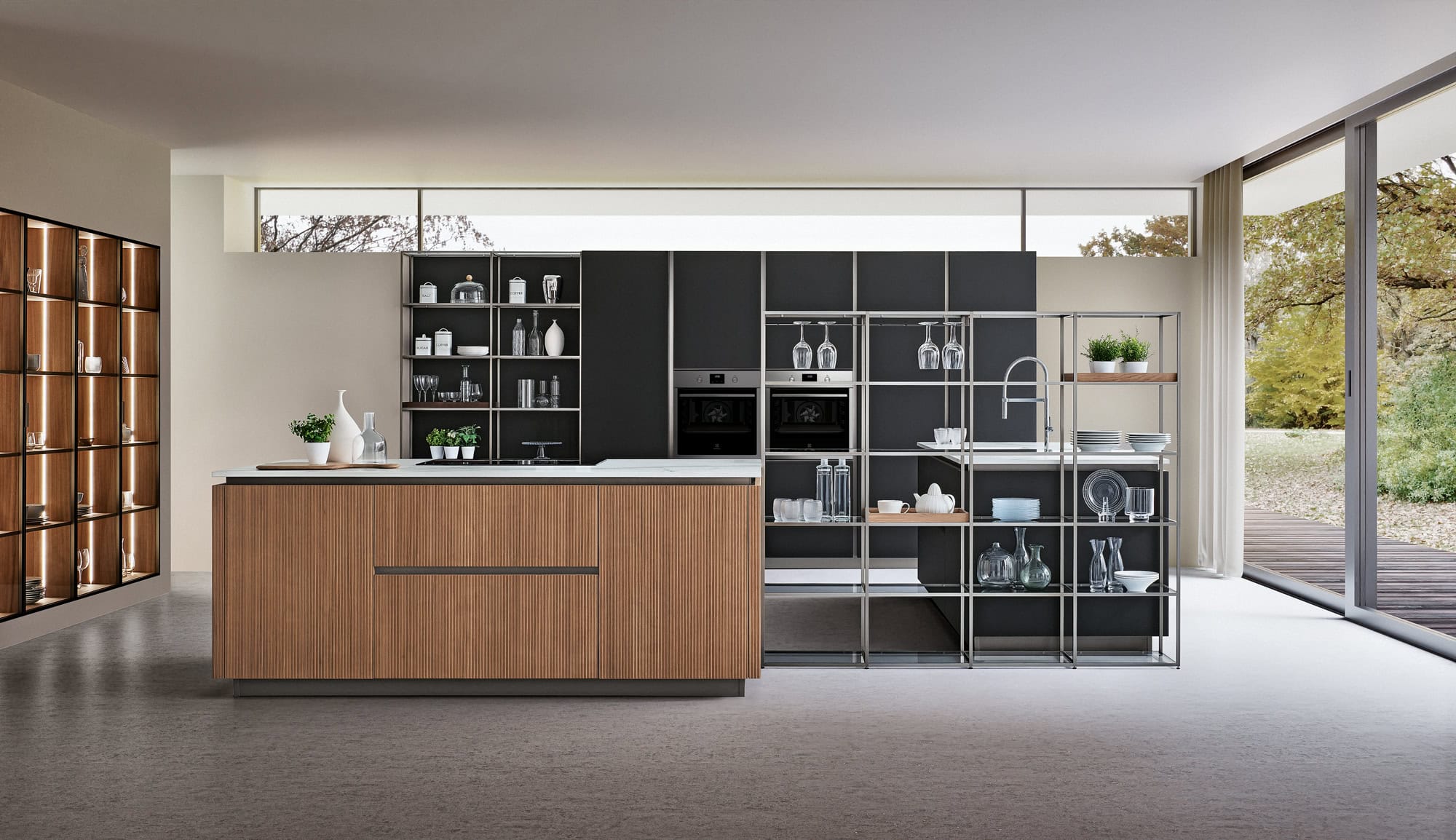 cucina-lounge-isola-vetro-laccato-nero-legno-cannettato-noce-caranto-living-vetrine-luci-il-mobile-veneta-cucine (2)